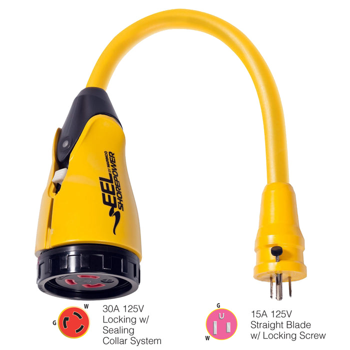 Marinco P1530 EEL 30A125V Female to 15A125V Male Pigtail Adapter  Yellow P1530