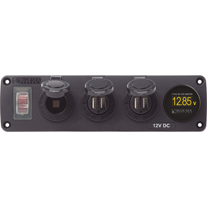 Blue Sea 4368 Water Resistant USB Accessory Panel  12V Socket 2x 21A Dual USB Chargers Mini Voltmeter 4368