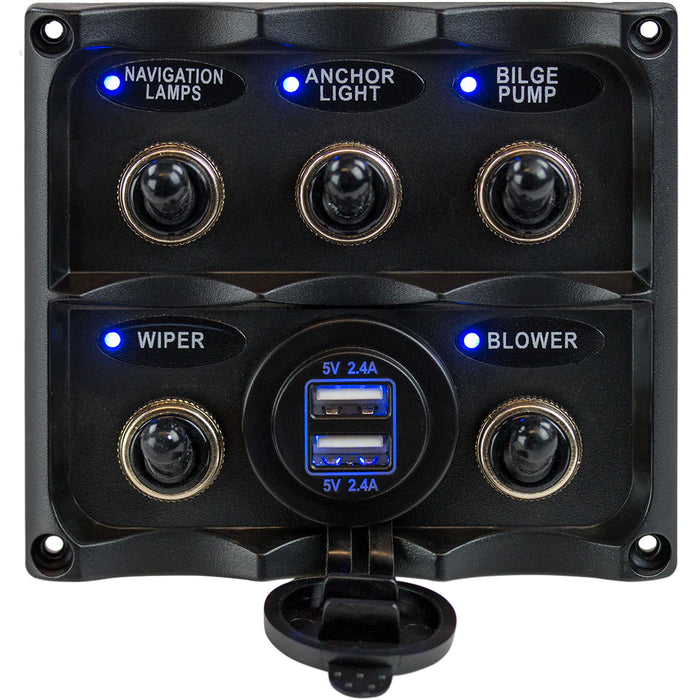 SeaDog Water Resistant Toggle Switch Panel wUSB Power Socket  5 Toggle 4246171