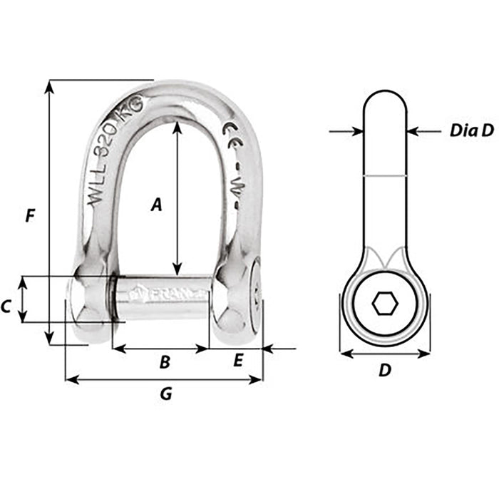 Wichard SelfLocking Allen Head Pin D Shackle  8mm Diameter  516 1304W