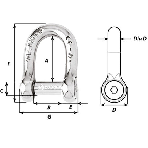 Wichard SelfLocking Allen Head Pin D Shackle  10mm Diameter  1332 1305W